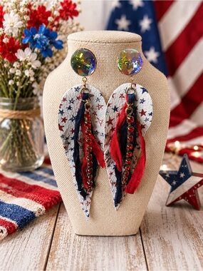 Patriotic Star Leather Fringe Earrings with Iridescent Studs Gypsy South